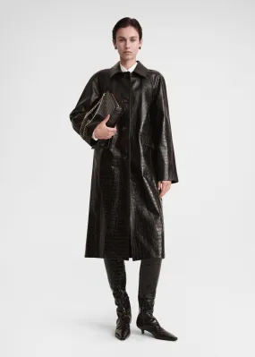 Raglan-sleeve croco embossed coat dark brown